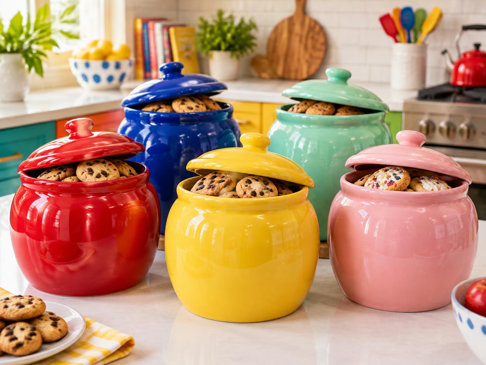Cherry red, cobalt blue, sunshine yellow, mint and pink cookie jars filled with cookies on a bright kitchen counter