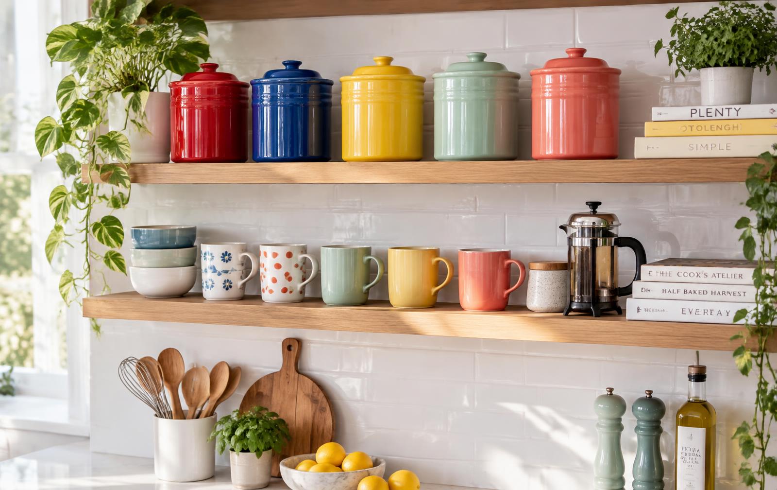 Colourful storage jars styled along a bright kitchen shelf beside mugs and accessories